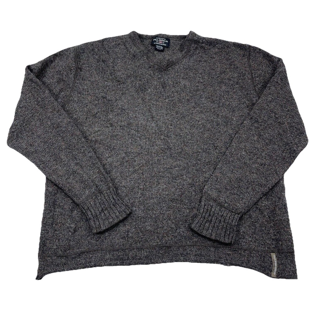 Vintage‎ Ralph Lauern Sweater Men XL Brown Wool Knit V Neck Polo Jeans 90s *